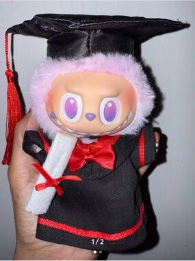 Labubu clothes black and red graduation cap and gown with diploma